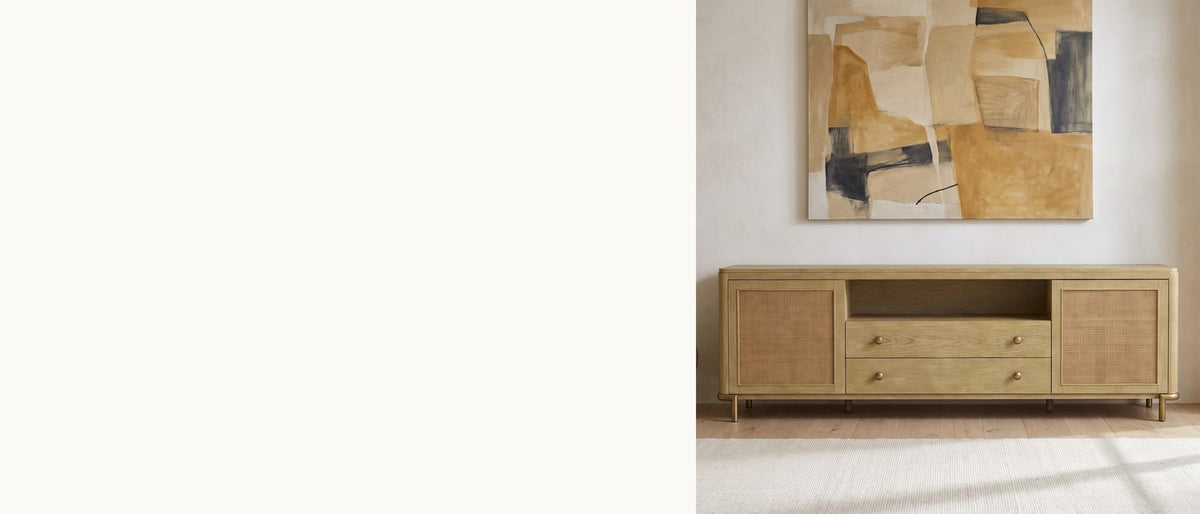 Sand-wash ash, golden rattan. - Alassio 80-Inch Sand Wash Ash and Rattan Media Console