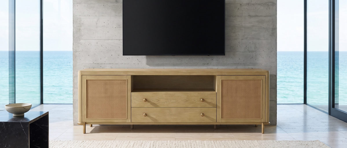 Alassio 80-Inch Sand Wash Ash and Rattan Media Console in the room
