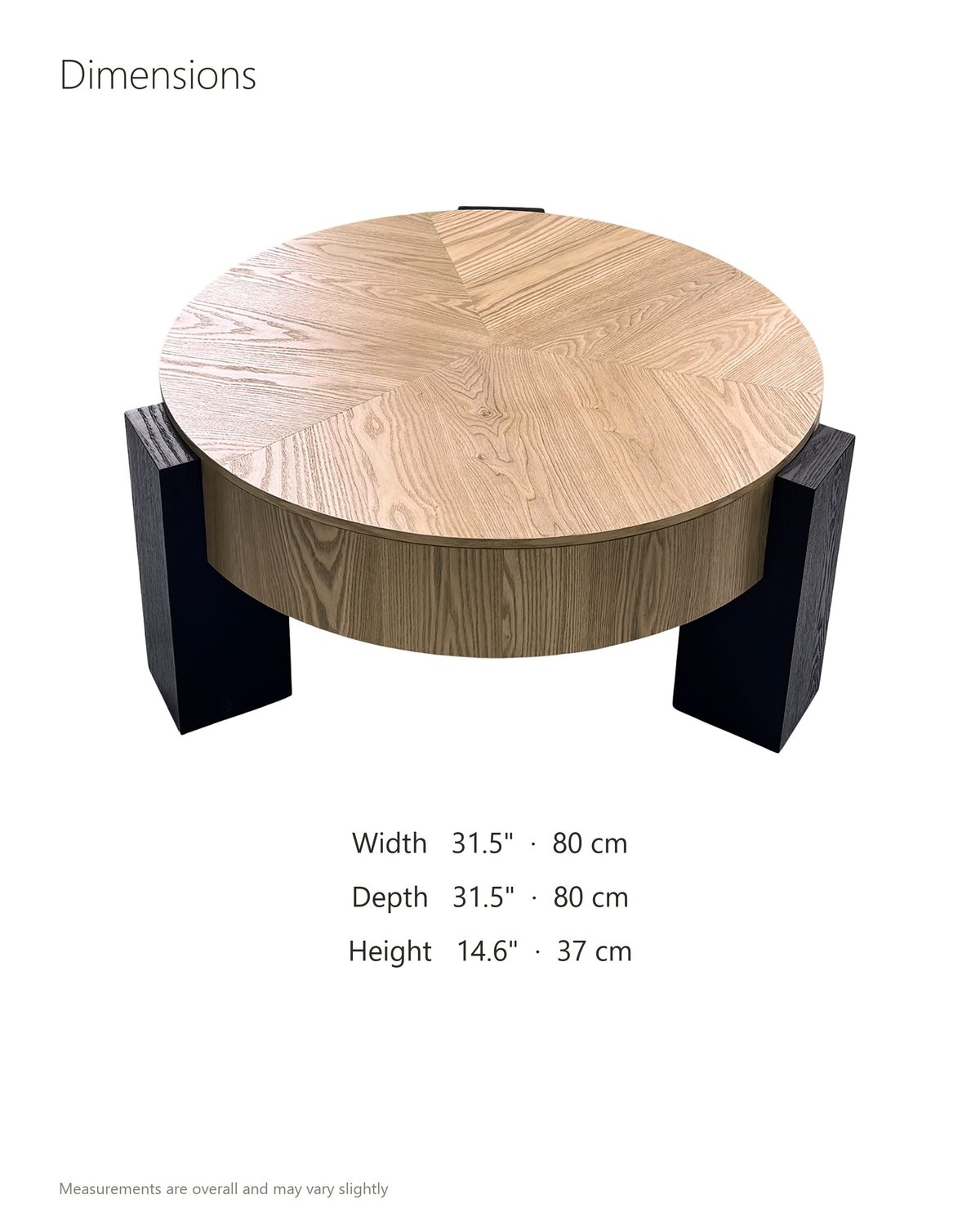 Alba 31.5-Inch Round Parquet Wood Veneer Storage Coffee Table dimensions: 31.5 in wide, 31.5 in deep, 14.6 in high