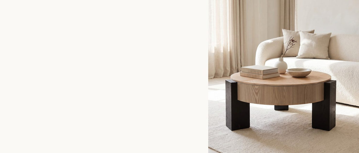 Pale parquet, black blocks. - Alba 31.5-Inch Round Parquet Wood Veneer Storage Coffee Table