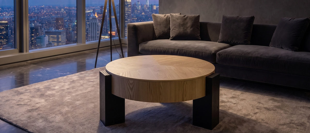 Alba 31.5-Inch Round Parquet Wood Veneer Storage Coffee Table in the room