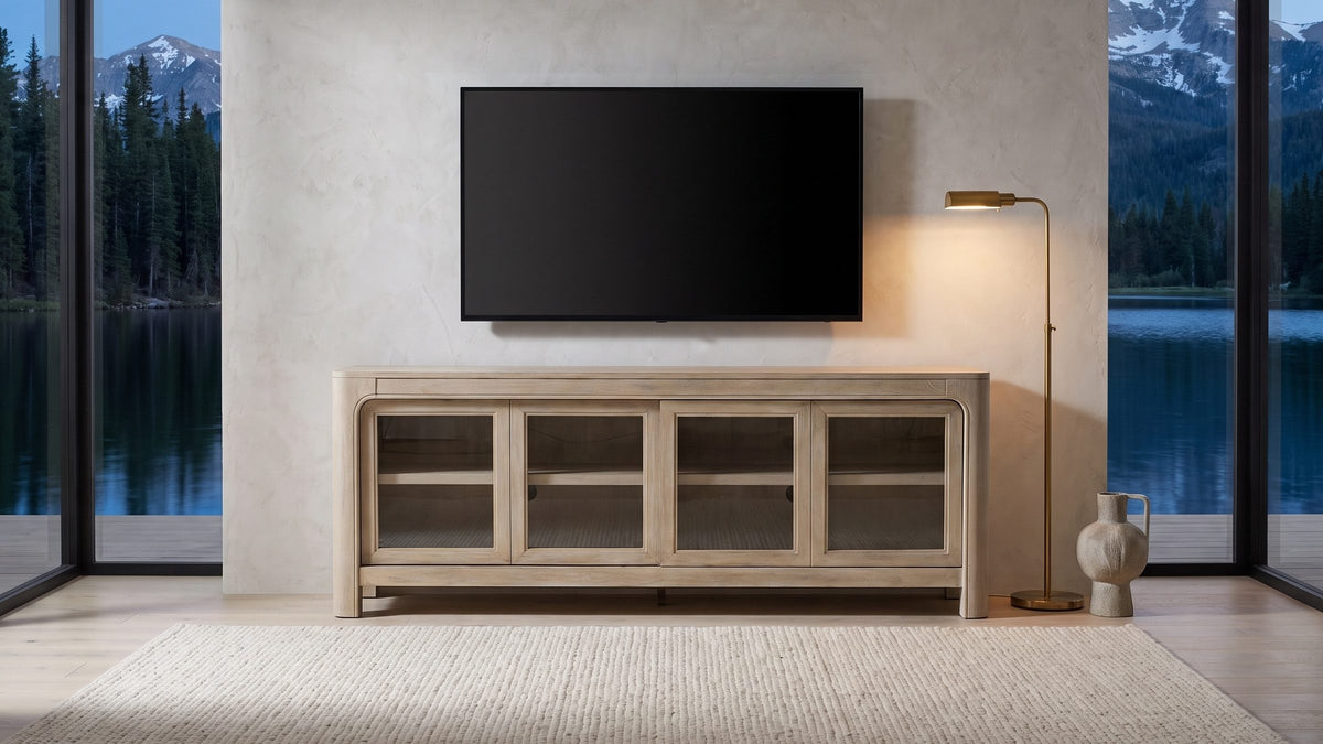 Lake light, pale mango. - Albenga 71-Inch Weathered Mango Veneer Sliding Glass Door Media Console