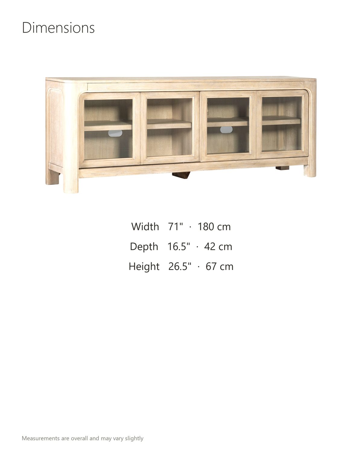 Albenga 71-Inch Weathered Mango Veneer Sliding Glass Door Media Console dimensions: 71 in wide, 16.5 in deep, 26.5 in high