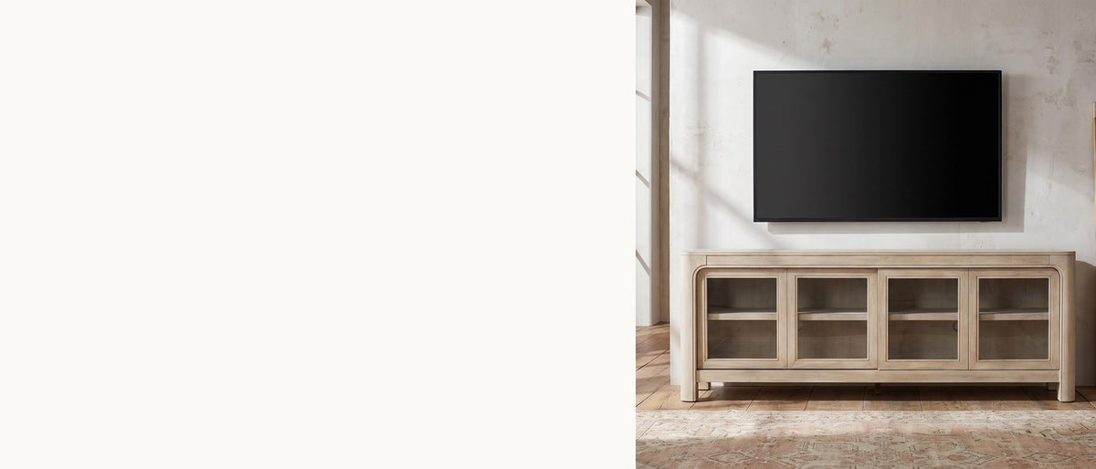 Soft corners, clear glass. - Albenga 71-Inch Weathered Mango Veneer Sliding Glass Door Media Console