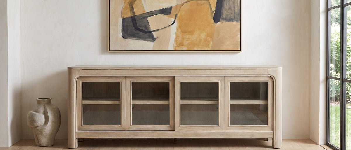 Albenga 71-Inch Weathered Mango Veneer Sliding Glass Door Media Console in the room