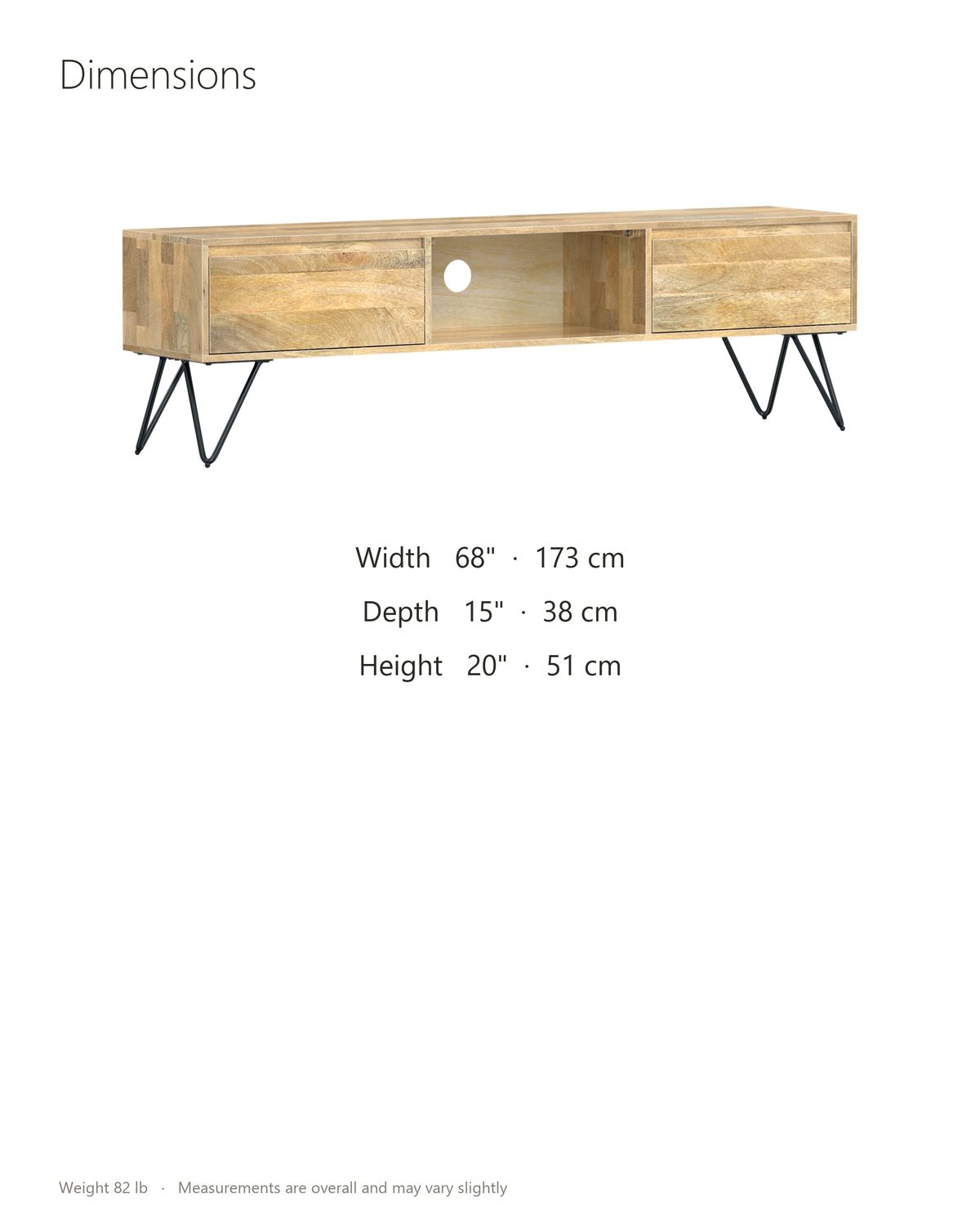 Alberobello Low Mango Media Console dimensions: 68 in wide, 15 in deep, 20 in high