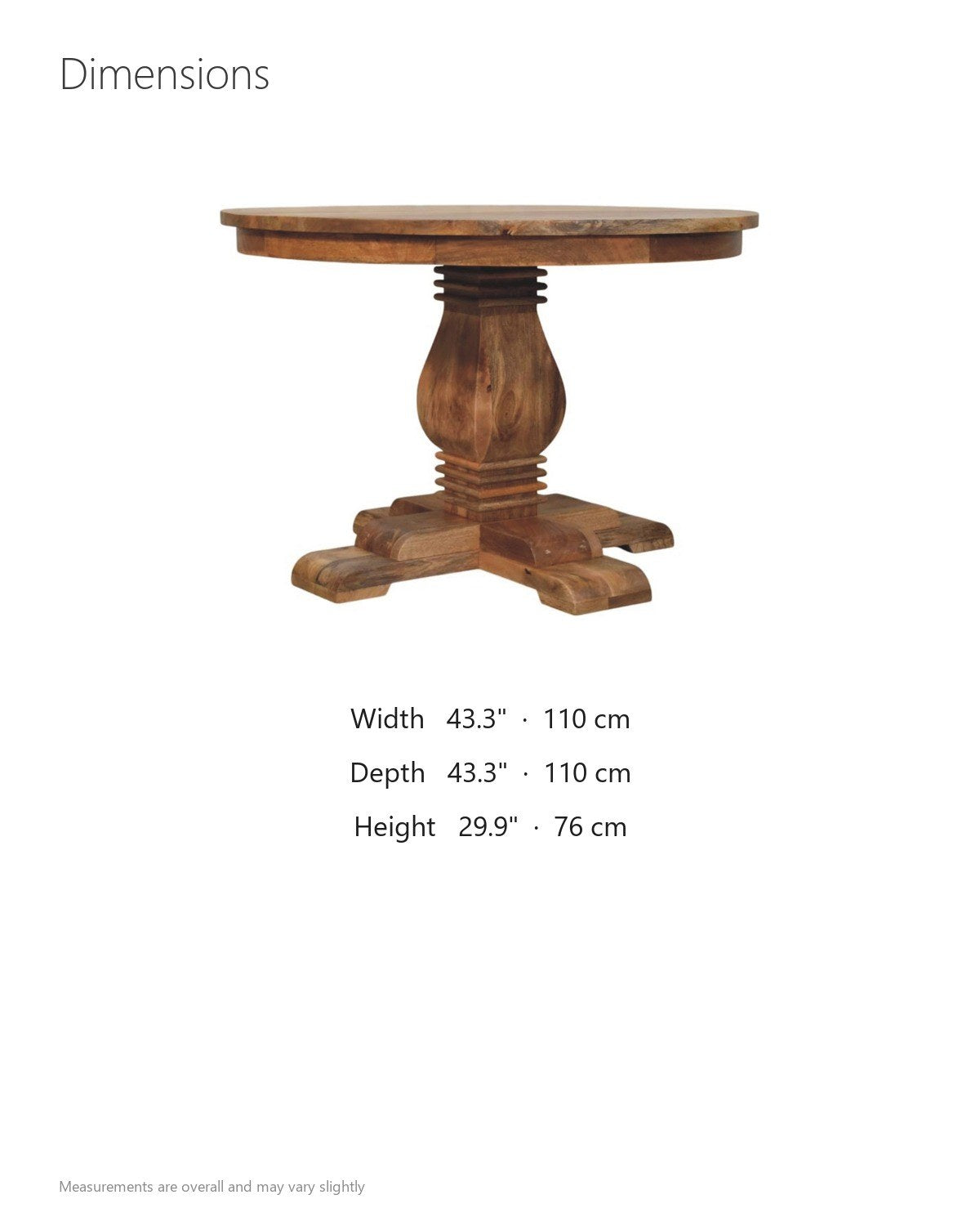 Albidona 43-Inch Round Solid Mango Pedestal Dining Table dimensions