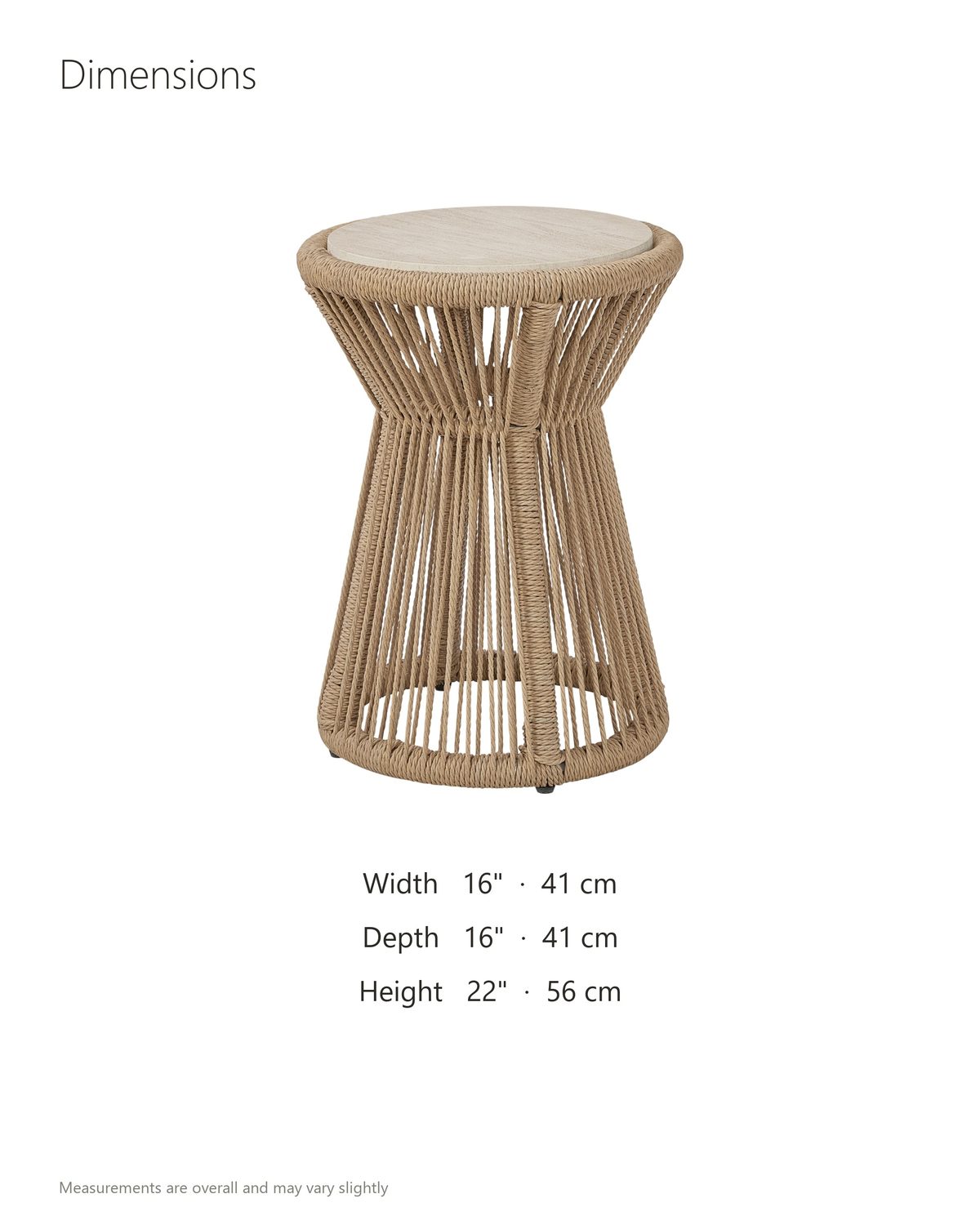 Alessano Rope Hourglass Side Table dimensions: 16 in wide, 16 in deep, 22 in high