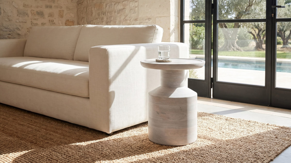 Pale wood, soft shape. - Aliano Whitewashed Mango Tray-Top Side Table