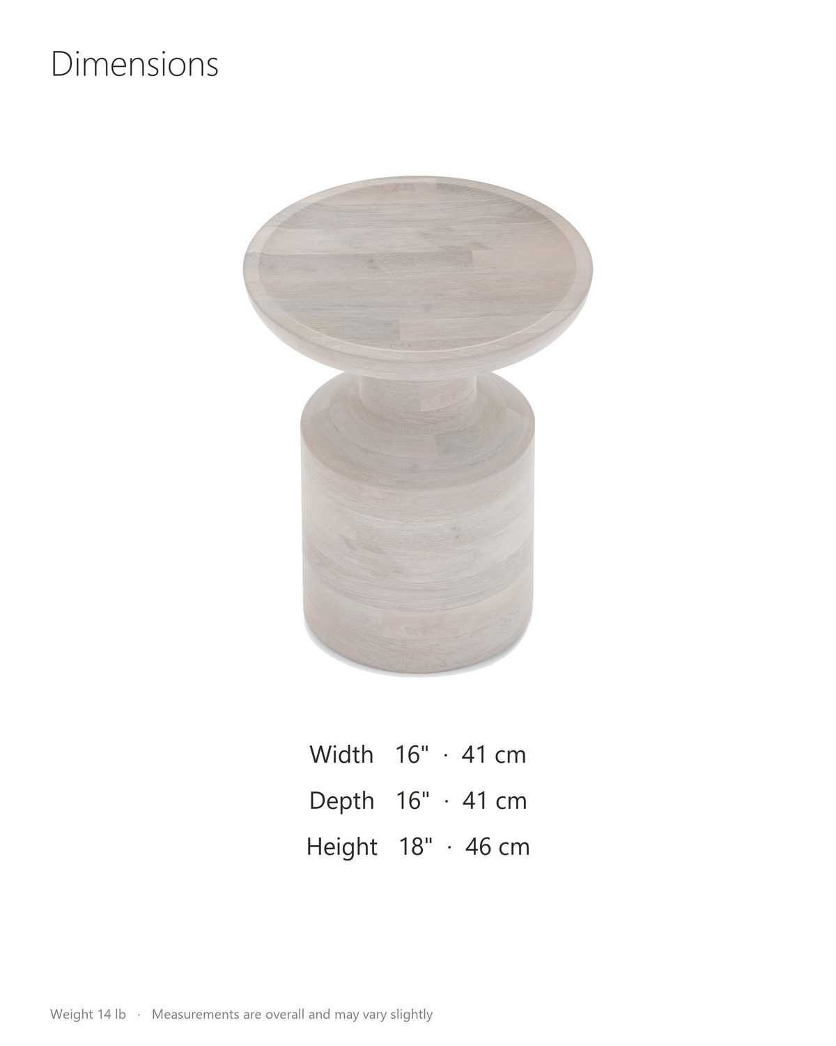 Aliano Whitewashed Mango Tray-Top Side Table dimensions: 16 in wide, 16 in deep, 18 in high