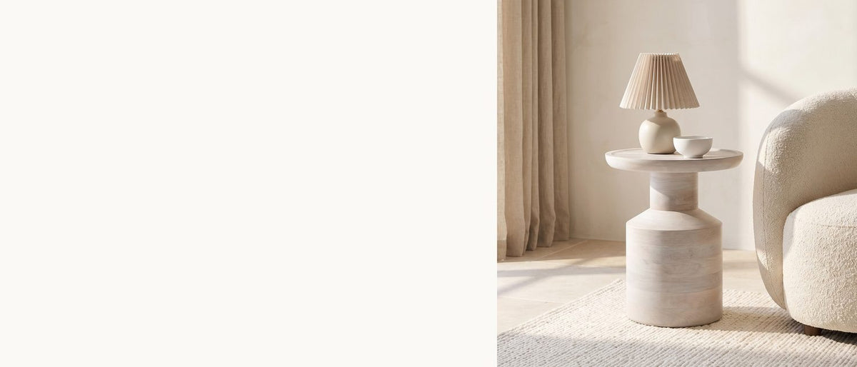 A tray on a turned base. - Aliano Whitewashed Mango Tray-Top Side Table