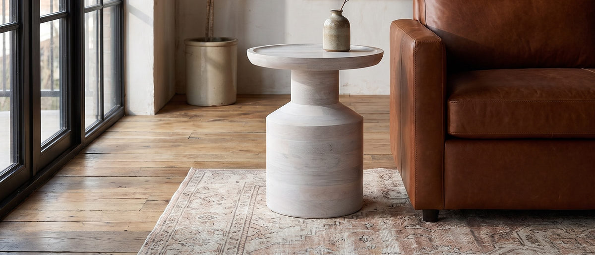 Aliano Whitewashed Mango Tray-Top Side Table in the room