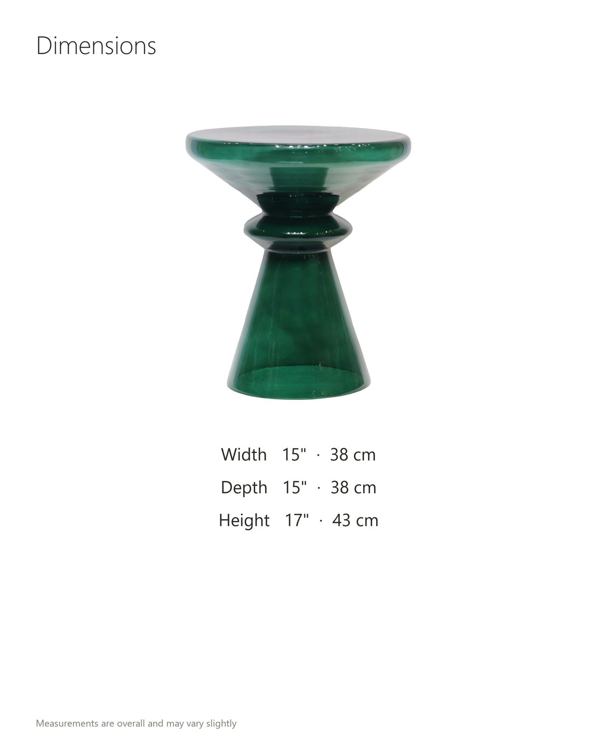 Alliste Blown Glass Hourglass Side Table dimensions: 15 in wide, 15 in deep, 17 in high