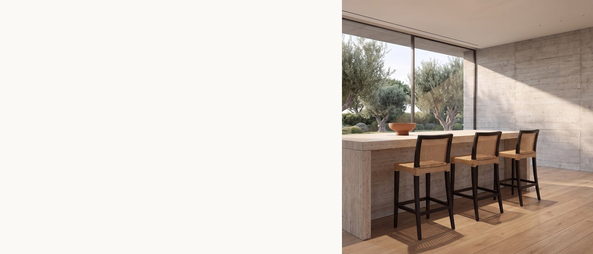 Pale rattan, dark frame. - Altilia Open-Weave Rattan and Mahogany Counter Stool