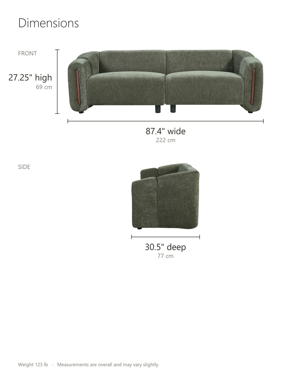 Amalfi Curved Sofa dimensions: 87.4 in wide, 30.5 in deep, 27.25 in high