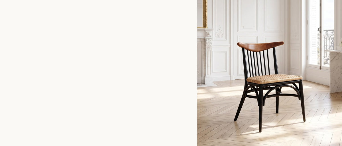 Black, walnut and straw. - Amendolara Spindle-Back Mahogany and Rattan Dining Chair