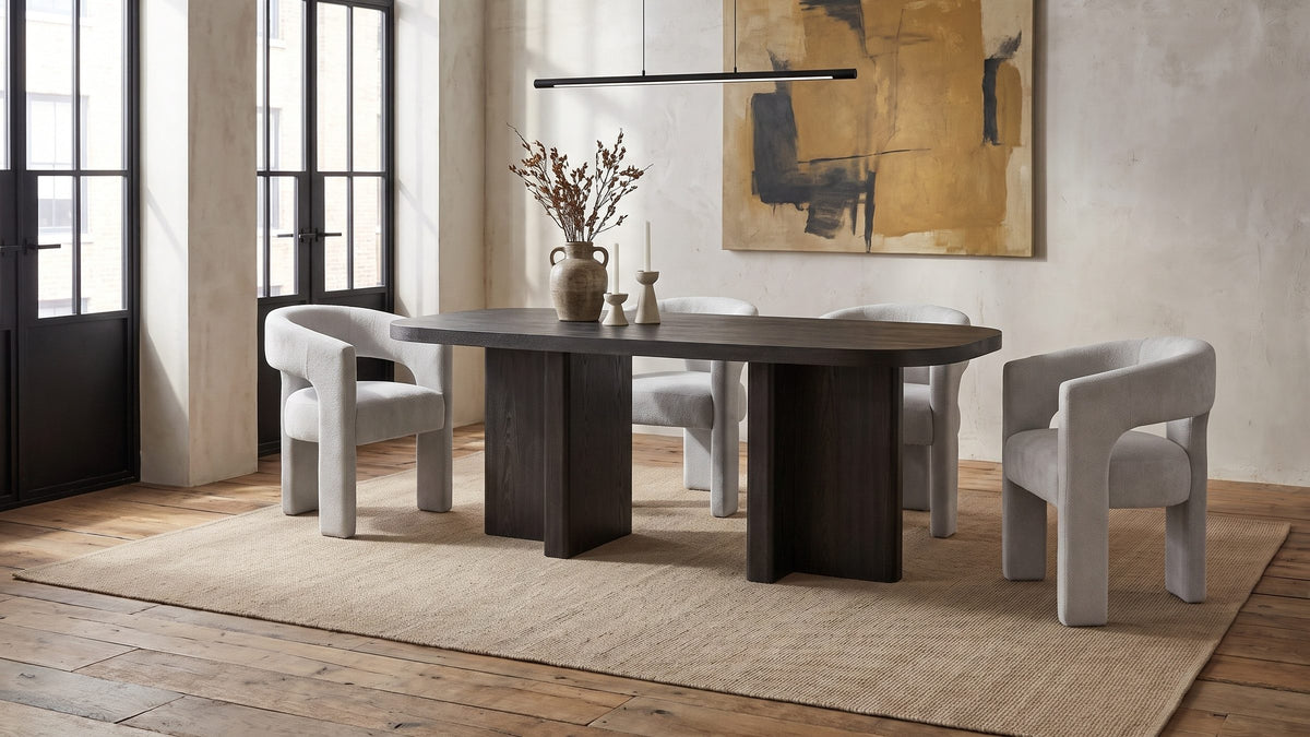 Ebony and pale grey. - Anticoli 78-Inch Ebony Oak Pedestal Dining Set with 4 Boucle Armchairs