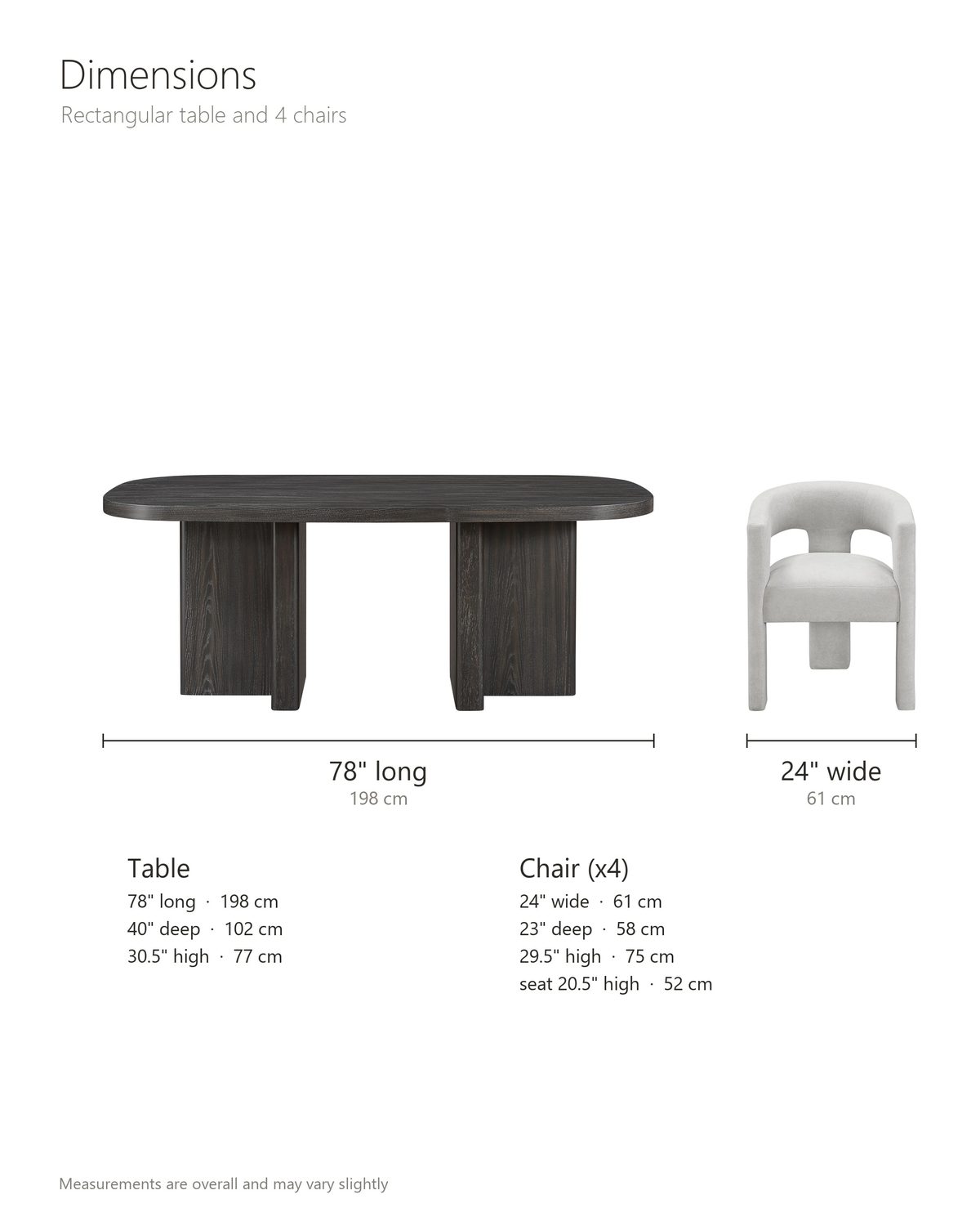 Anticoli 78-Inch Ebony Oak Pedestal Dining Set with 4 Boucle Armchairs dimensions: table 78 in long, 40 in deep and 30.5 in high, 28.5 in clear under the top; each armchair 24 in wide, 23 in deep and 29.5 in high, seat 20.5 in high, arms 26.5 in high