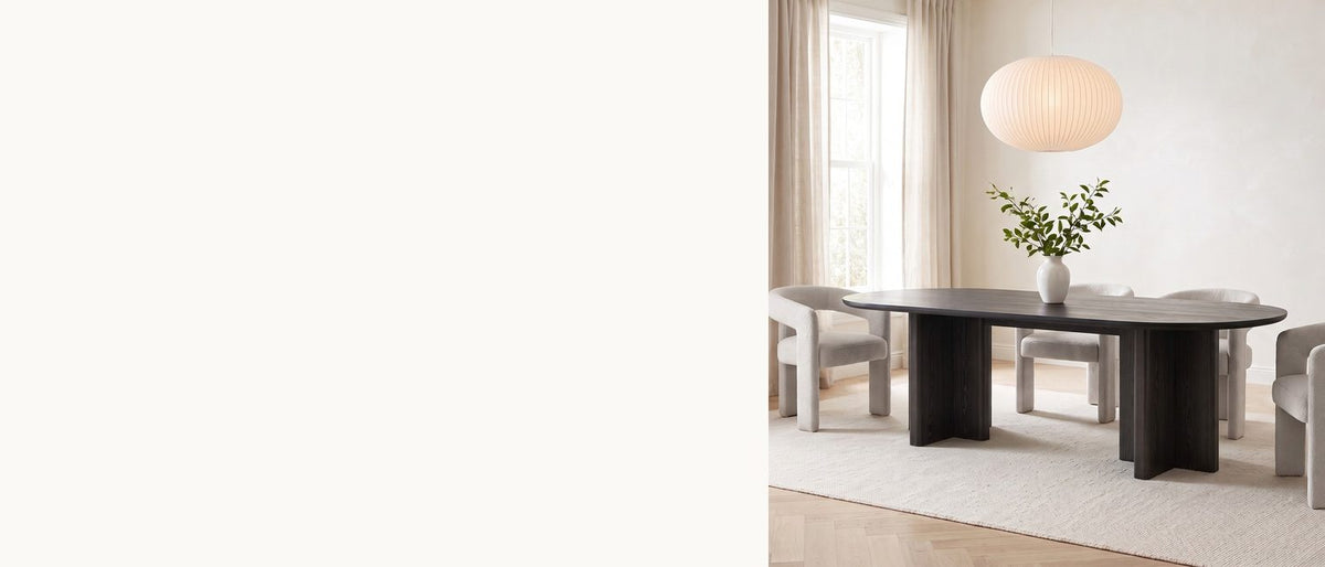 Ebony slabs, four boucle curves. - Anticoli 78-Inch Ebony Oak Pedestal Dining Set with 4 Boucle Armchairs