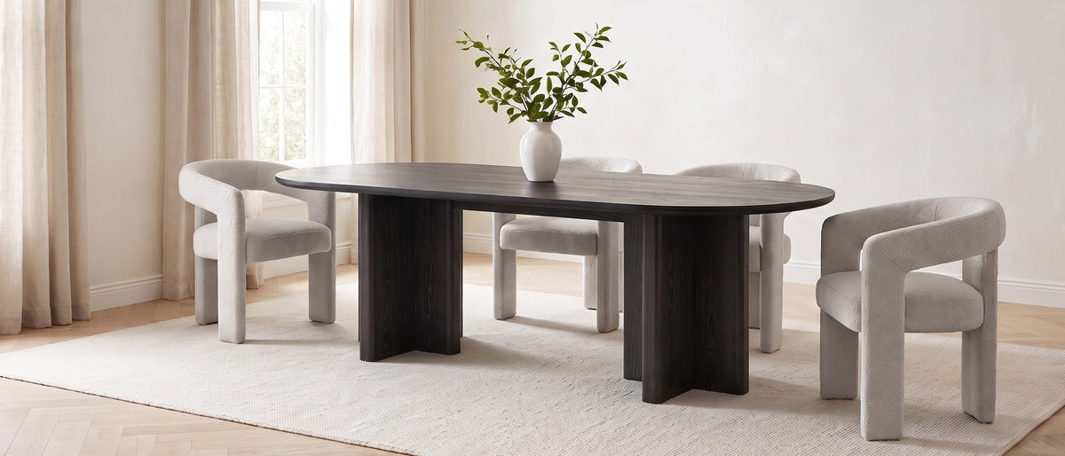 Anticoli 78-Inch Ebony Oak Pedestal Dining Set with 4 Boucle Armchairs in the room