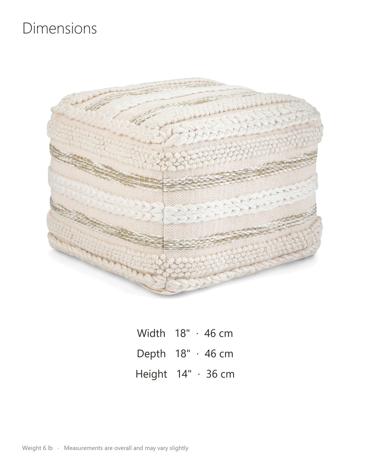Apricale Natural Handloom Cotton Square Pouf dimensions: 18 in wide, 18 in deep, 14 in high
