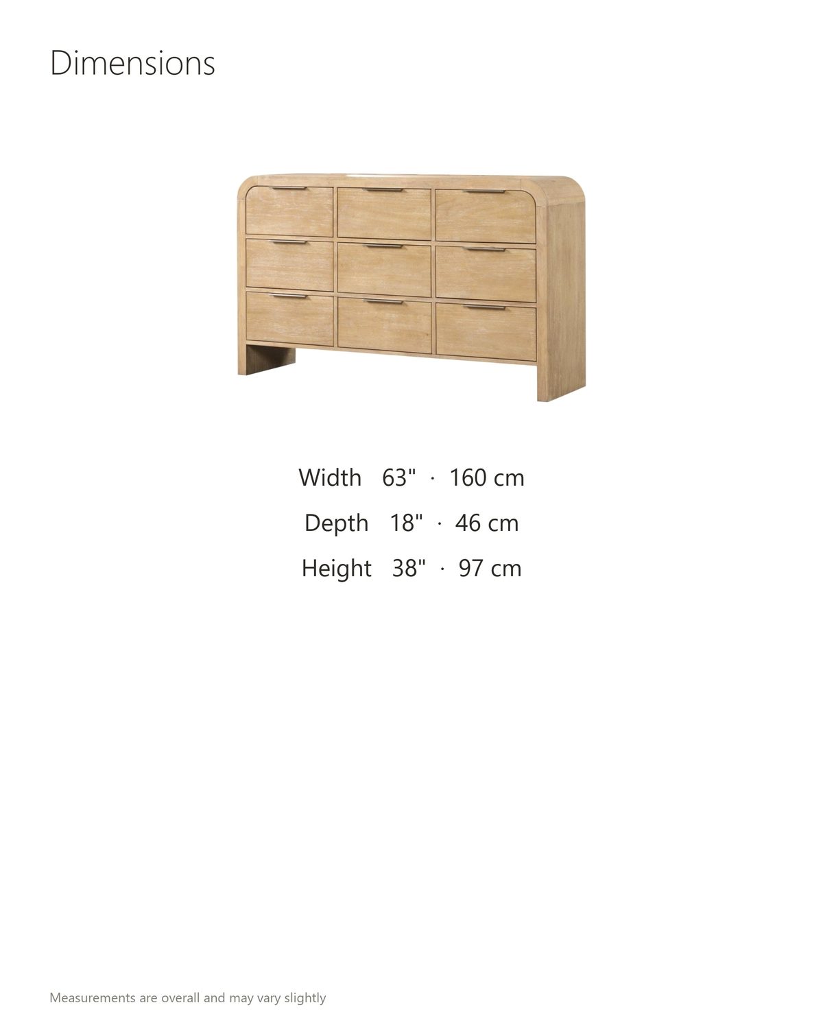 Aquileia 63-Inch Natural Mango 9-Drawer Dresser dimensions: 63 in wide, 18 in deep, 38 in high