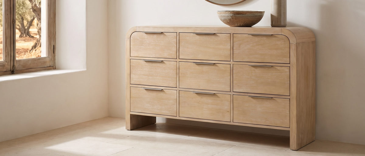 Aquileia 63-Inch Natural Mango 9-Drawer Dresser in the room