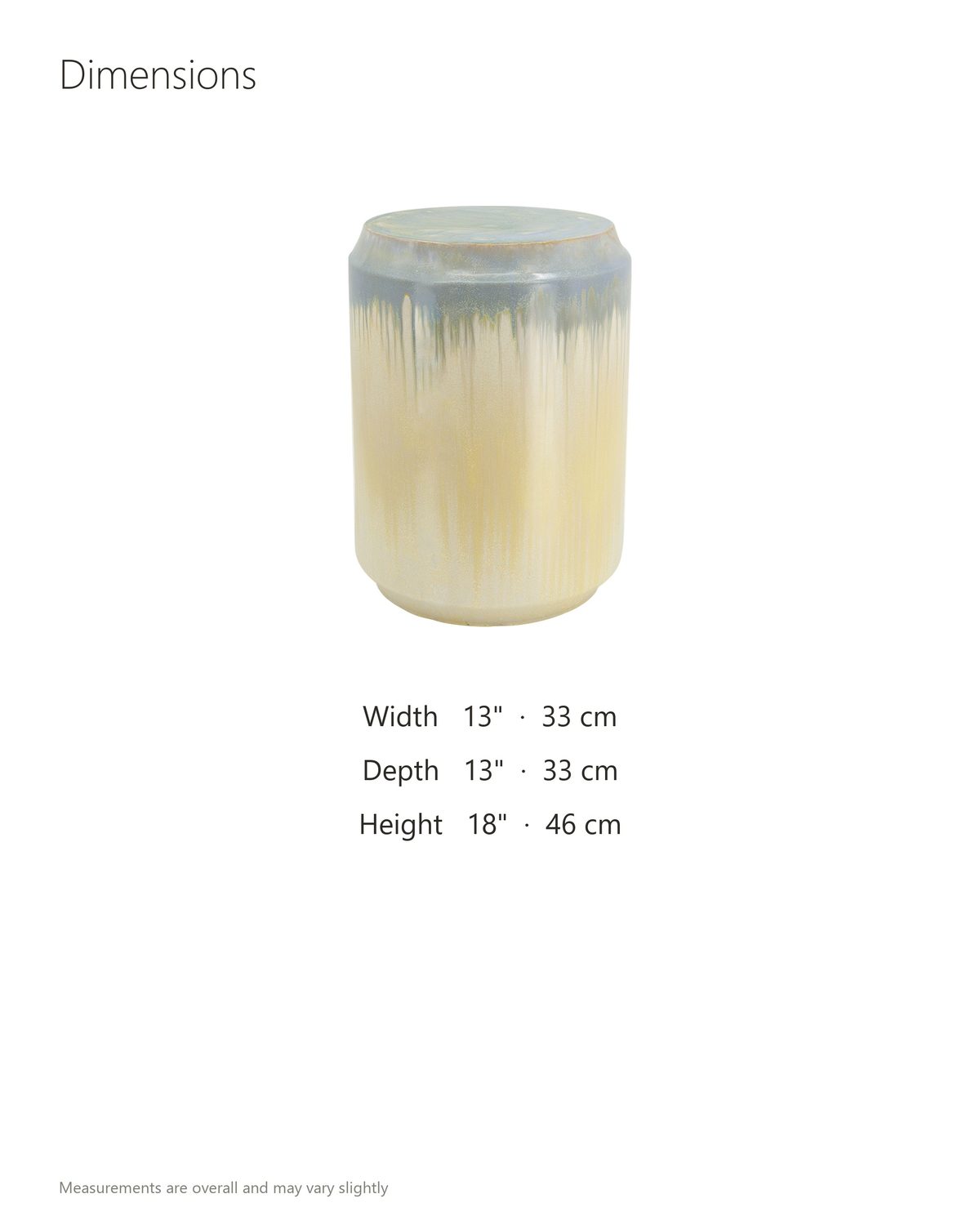 Aradeo Reactive Glaze Ceramic Drum Side Table dimensions: 13 in wide, 13 in deep, 18 in high