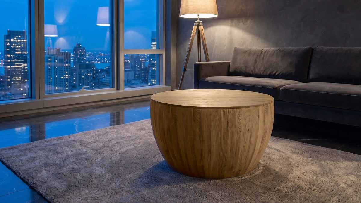 Warm wood, city evenings. - Arona 31.5-Inch Round Solid Fir Storage Drum Coffee Table