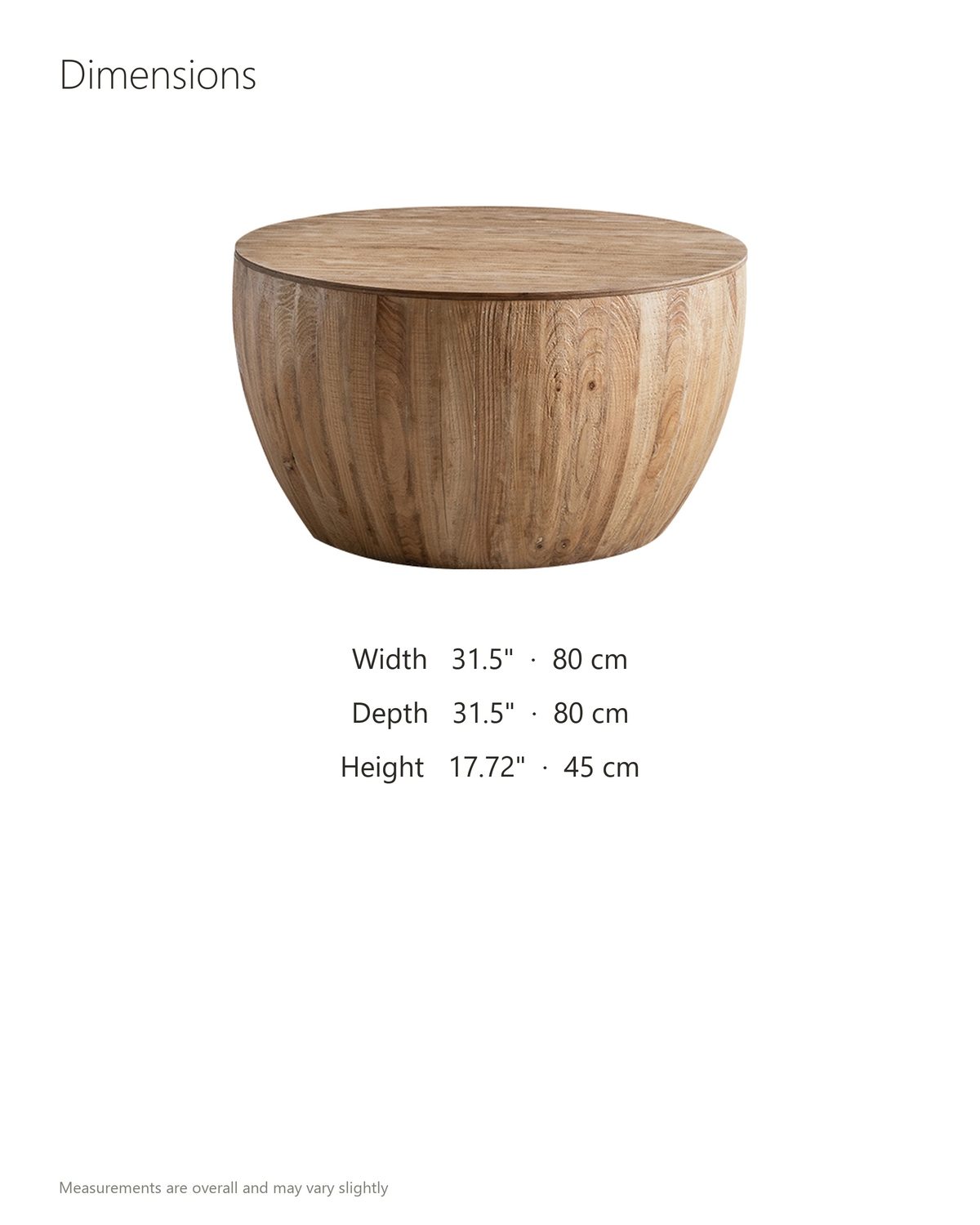 Arona 31.5-Inch Round Solid Fir Storage Drum Coffee Table dimensions: 31.5 in wide, 31.5 in deep, 17.72 in high