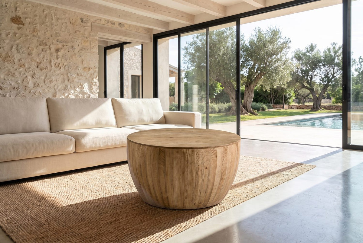 Arona 31.5-Inch Round Solid Fir Storage Drum Coffee Table in the room