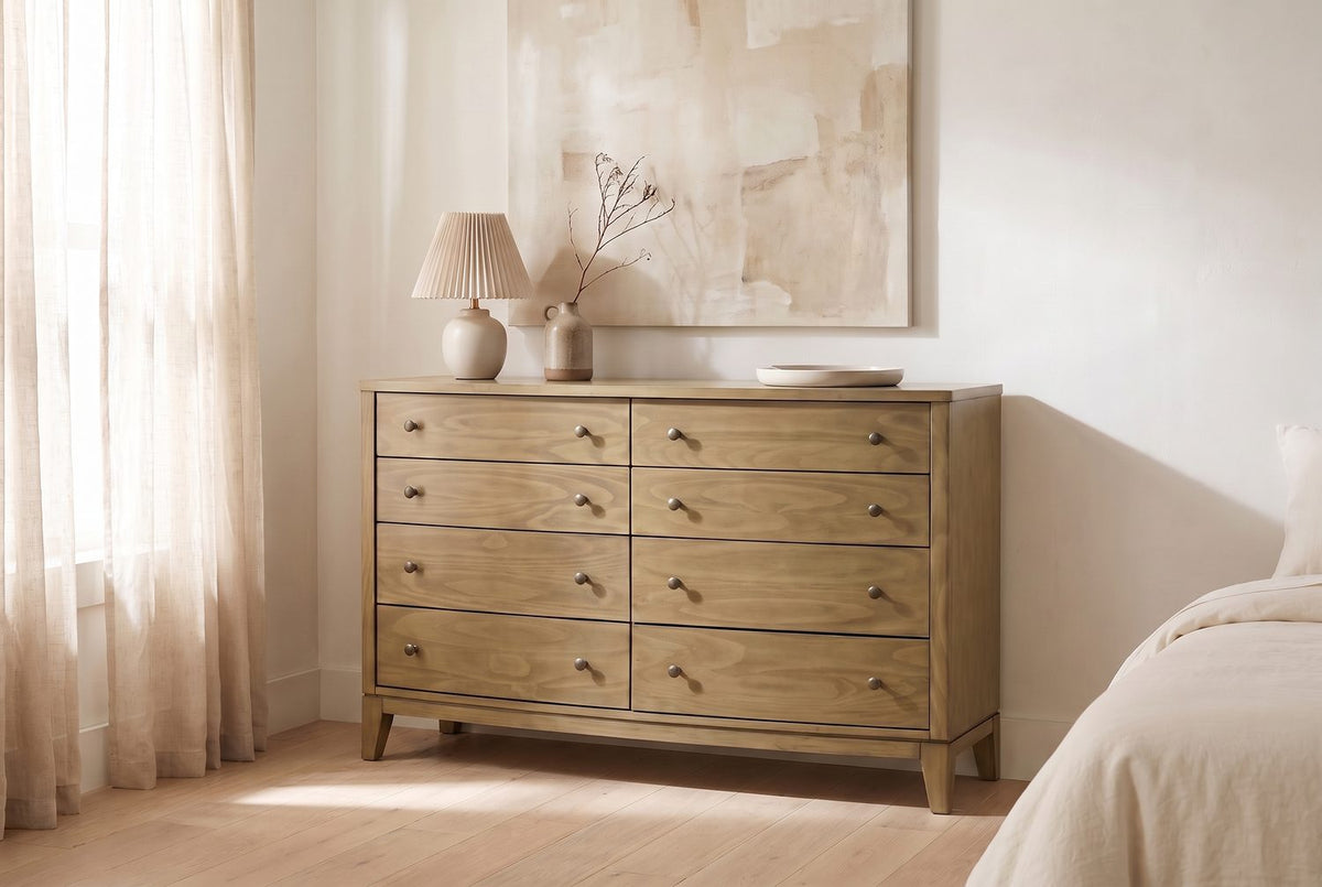 Natural pine, quietly curved. - Arqua 61-Inch Natural Pine 8-Drawer Dresser