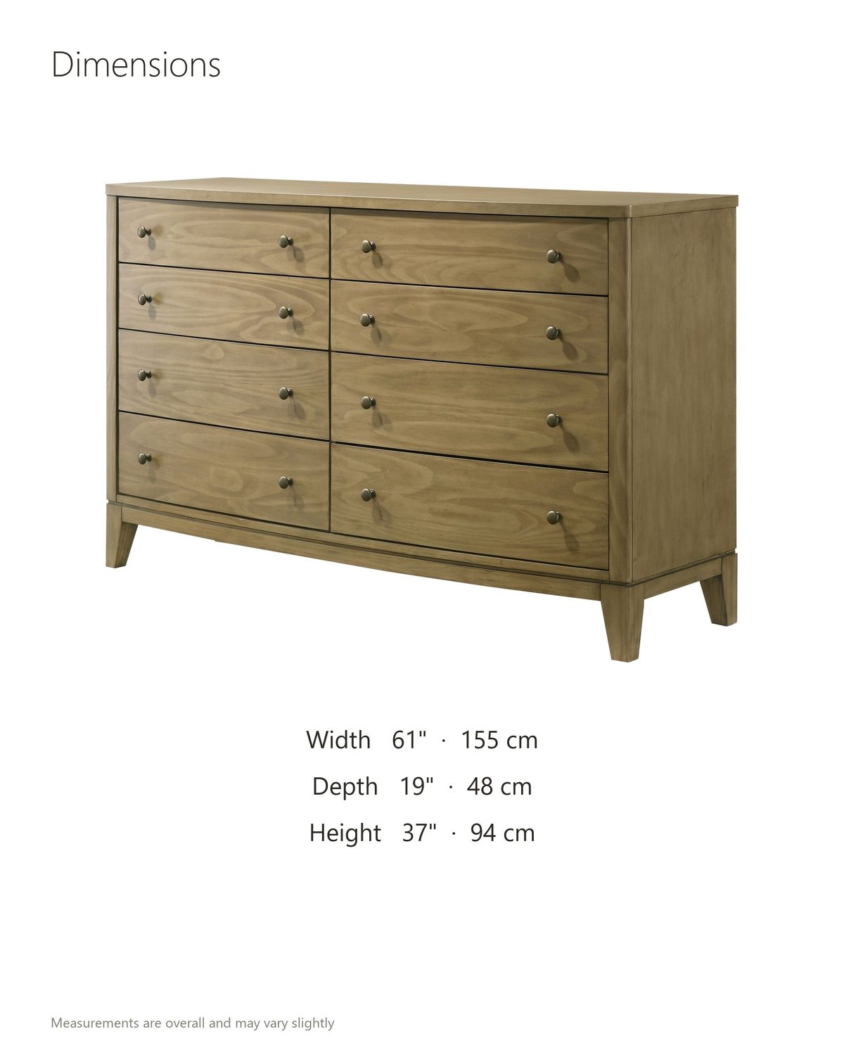 Arqua 61-Inch Natural Pine 8-Drawer Dresser dimensions: 61 in wide, 19 in deep, 37 in high