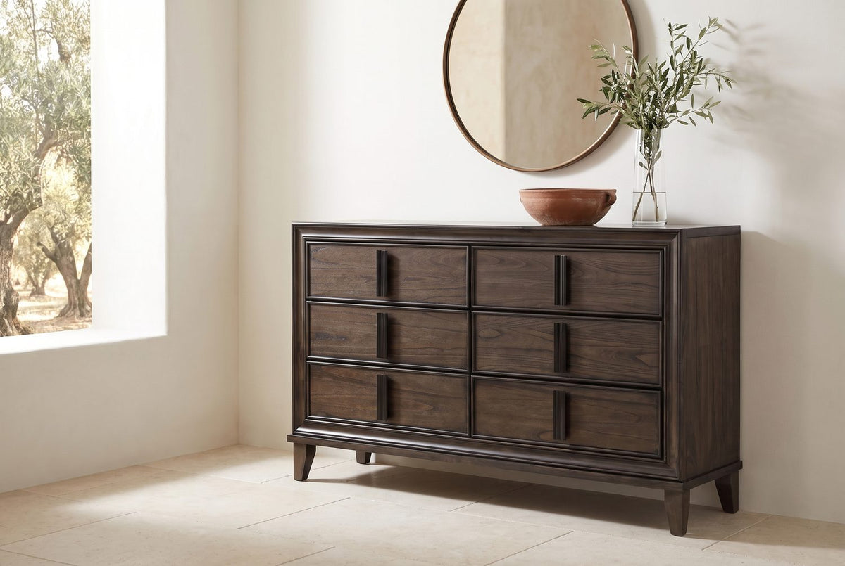 Warm brown, quiet detail. - Arta 61-Inch Dark Brown 6-Drawer Dresser