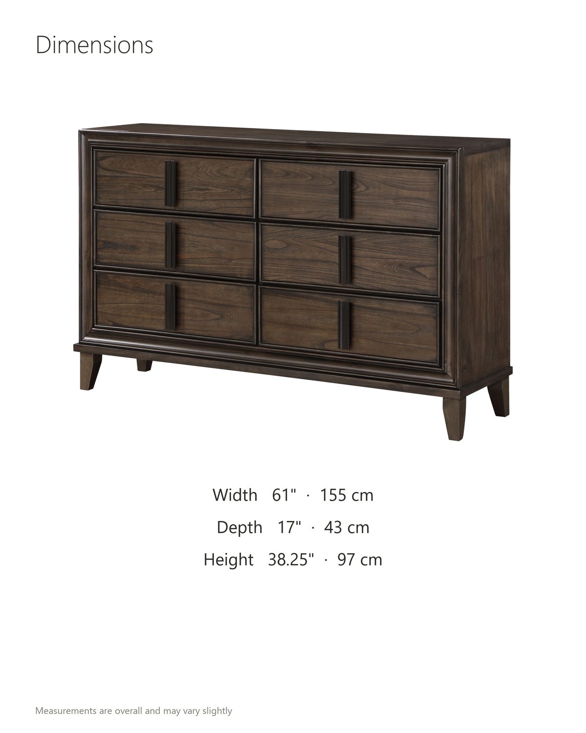 Arta 61-Inch Dark Brown 6-Drawer Dresser dimensions: 61 in wide, 17 in deep, 38.25 in high