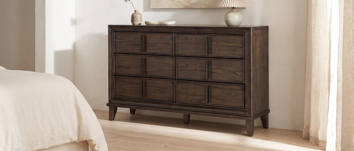 Arta 61-Inch Dark Brown 6-Drawer Dresser in the room