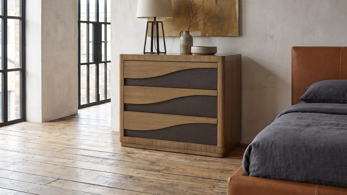 Soft curves, warm stripes. - Arzignano 36-Inch Eucalyptus 3-Drawer Chest
