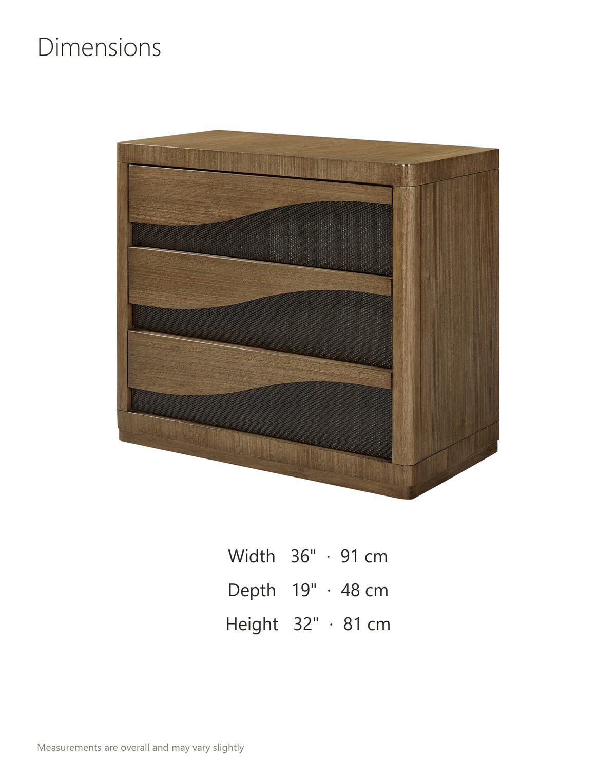 Arzignano 36-Inch Eucalyptus 3-Drawer Chest dimensions: 36 in wide, 19 in deep, 32 in high