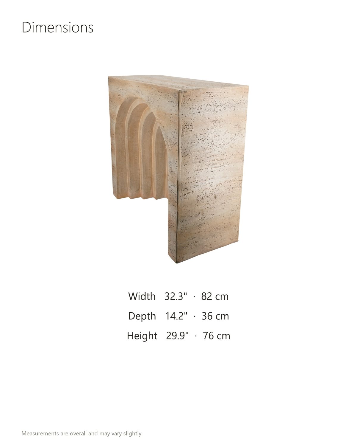 Asiago Faux Travertine Arched Console Table dimensions: 32.3 in wide, 14.2 in deep, 29.9 in high