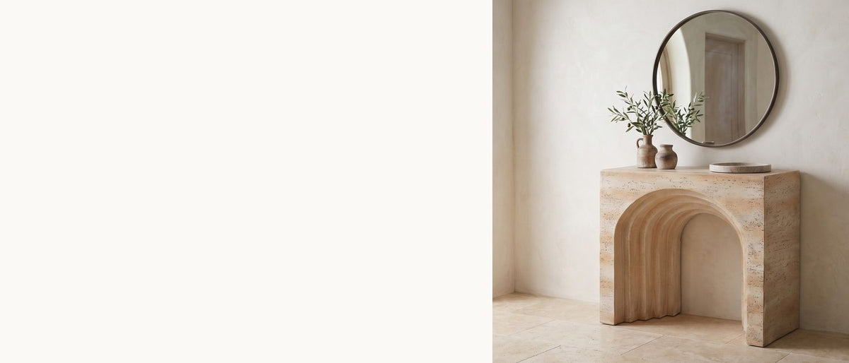 An arch, stepped four times. - Asiago Faux Travertine Arched Console Table