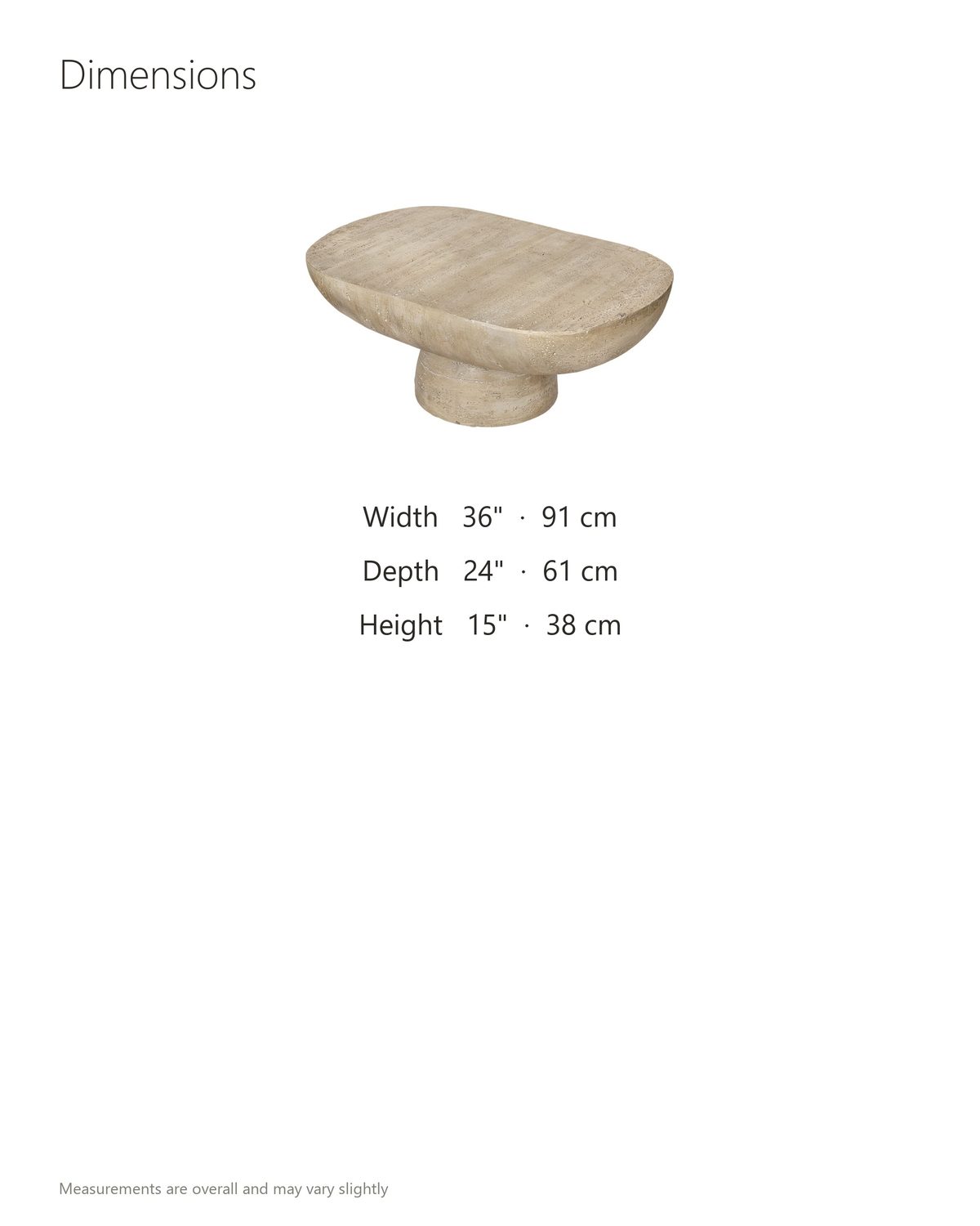 Asiago Faux Travertine Oval Mushroom Coffee Table dimensions: 36 in wide, 24 in deep, 15 in high