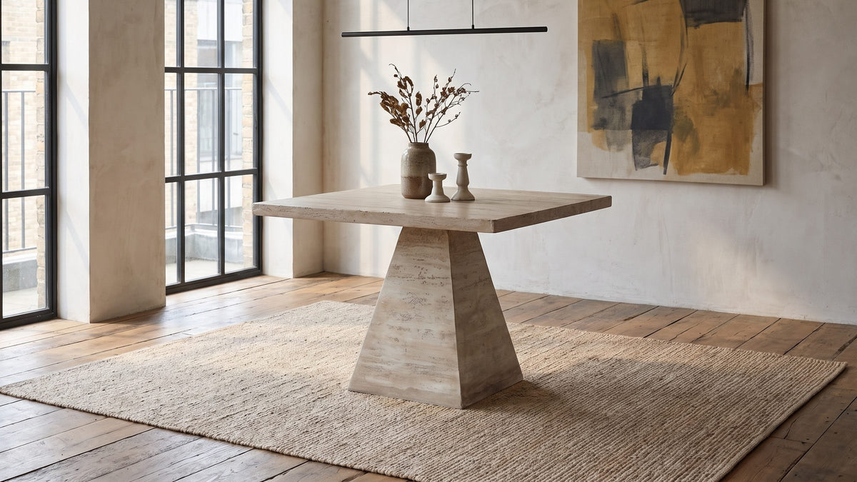 Sand, plaster and light. - Asiago 40-Inch Square Faux Travertine Pyramid Pedestal Dining Table