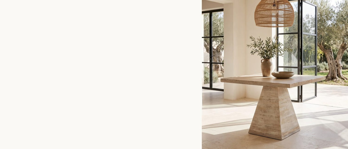 A square on a pyramid. - Asiago 40-Inch Square Faux Travertine Pyramid Pedestal Dining Table