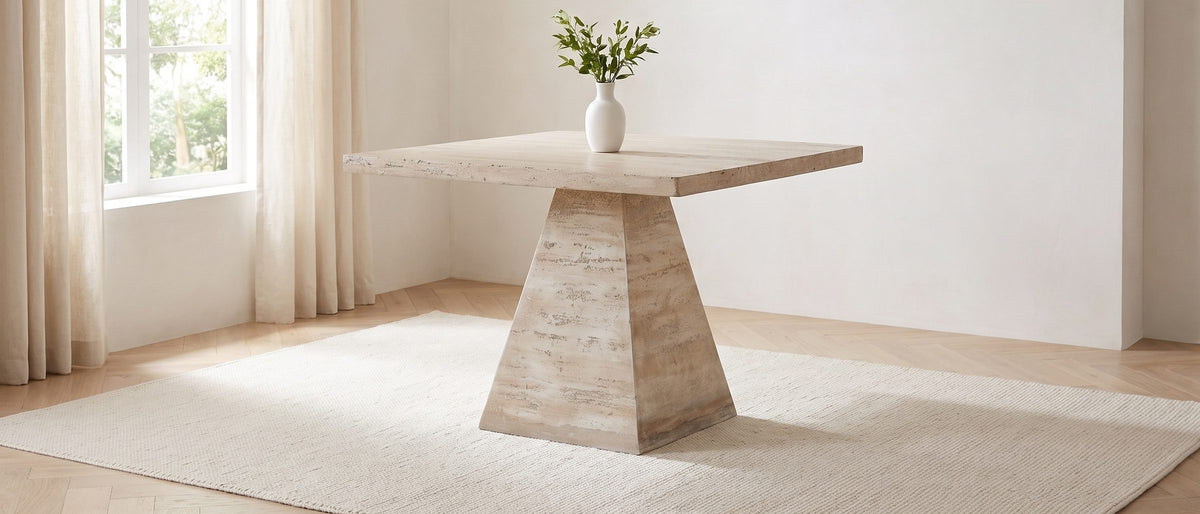 Asiago 40-Inch Square Faux Travertine Pyramid Pedestal Dining Table in the room