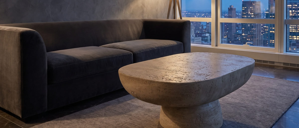 Asiago Faux Travertine Oval Mushroom Coffee Table in the room