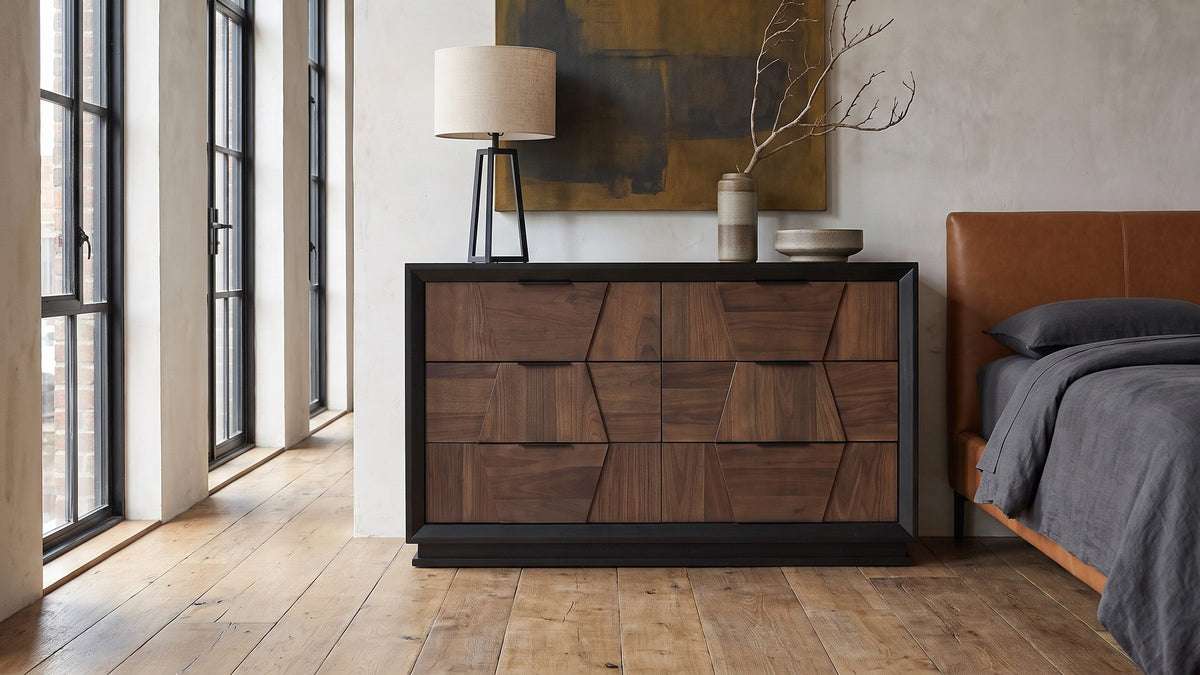 Warm walnut, deep black. - Asolo 61-Inch Walnut and Black 6-Drawer Dresser