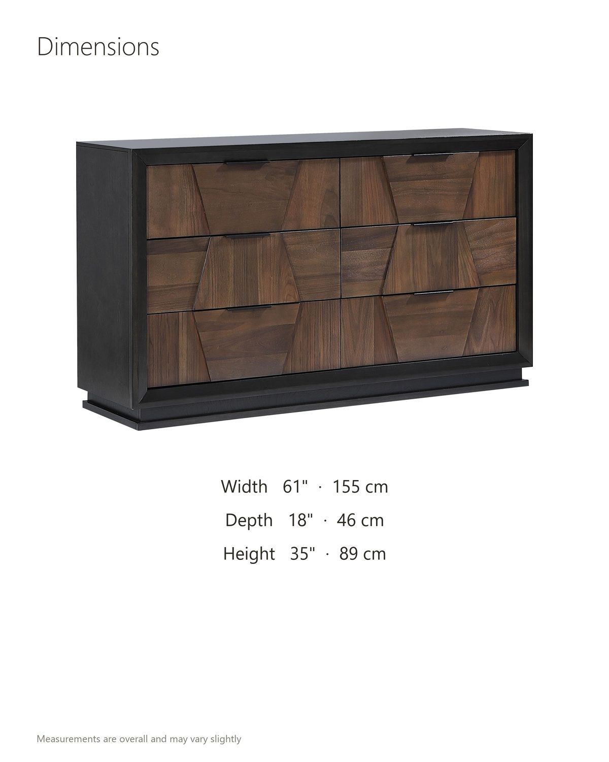 Asolo 61-Inch Walnut and Black 6-Drawer Dresser dimensions: 61 in wide, 18 in deep, 35 in high