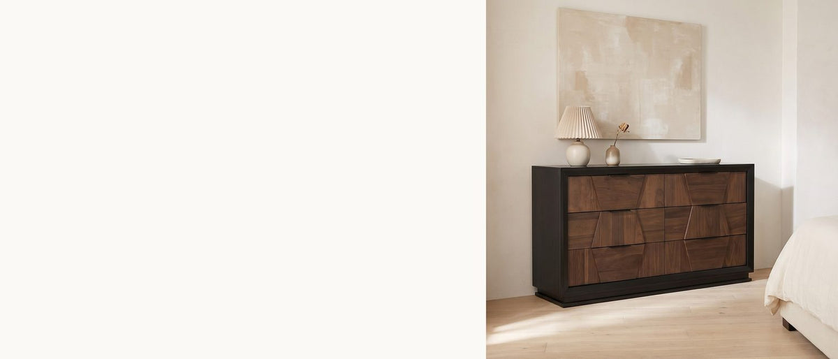 Walnut facets, framed in black. - Asolo 61-Inch Walnut and Black 6-Drawer Dresser
