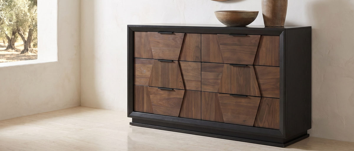 Asolo 61-Inch Walnut and Black 6-Drawer Dresser in the room