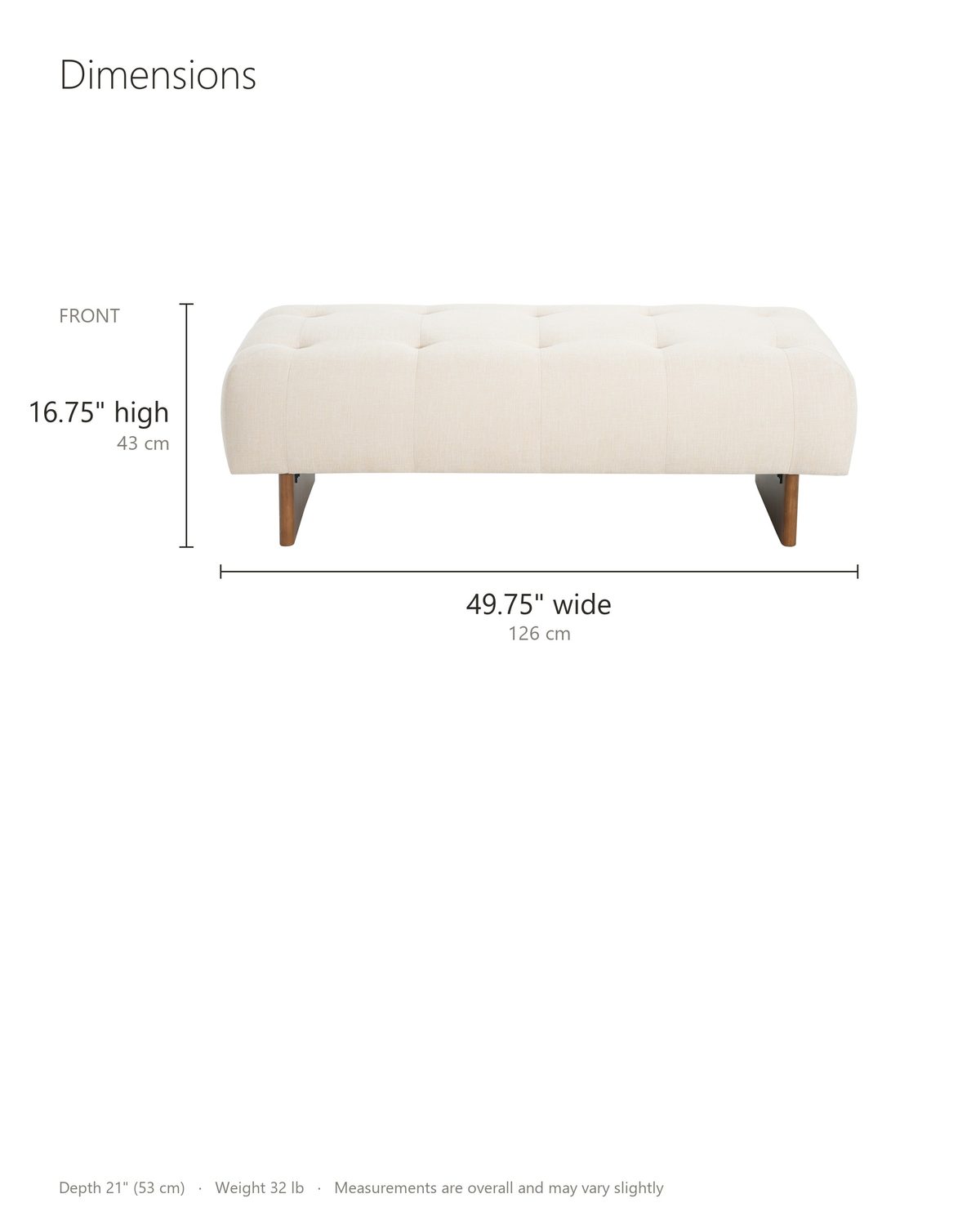 Assisi Tufted Bench dimensions: 49.75 in wide, 21 in deep, 16.75 in high